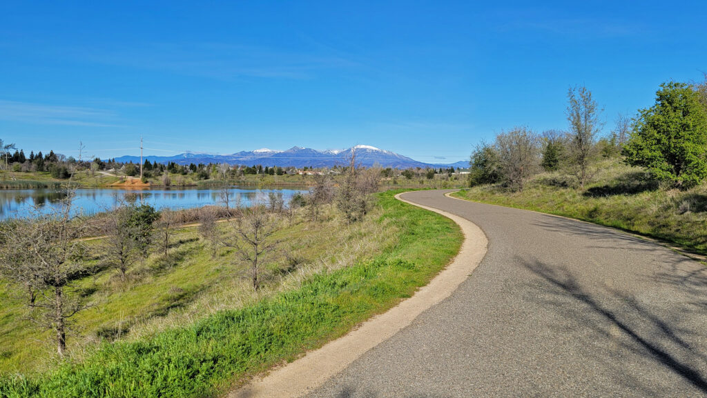 Clover Creek Preserve walking trail with Mt Bally in the background, Redding CA