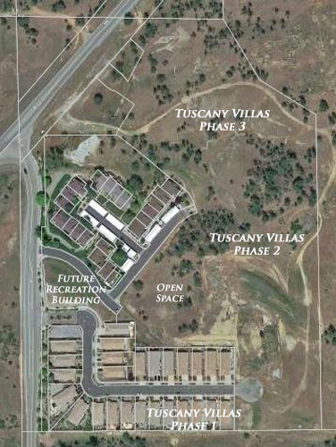 Tuscan Villas aerial image of homes completed in Phase 1 and future phase locations